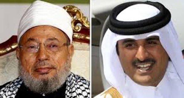 A gauche, Youssef Qaradaoui, grand Mufti de l'OTAN et guide suprême de l'islamo-terrorisme dans le monde. A droite, Tamim Ben Hamad, fils de Moza Bint Nasser al-Missned et roitelet de l'émirat voyou du Qatar.