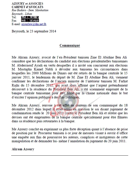 Communiqué de Me Akram Azoury, l’avocat de l’ancien chef d’Etat tunisien Communiqué de Me Akram Azoury, l’avocat de l’ancien chef d’Etat tunisien