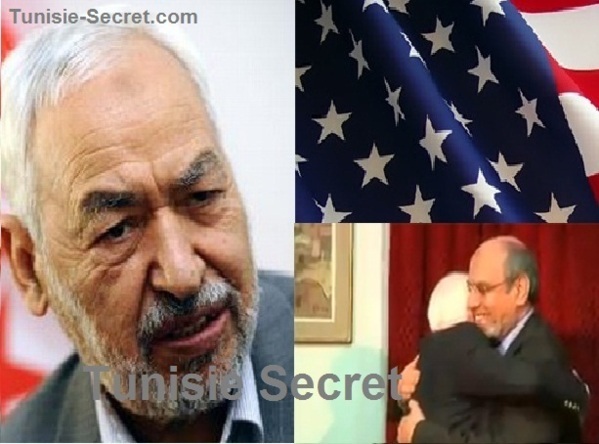 A gauche, "cheikh" Rached Ghannouchi, et à droite Hamadi Jebali dans les bras de son "frère" Joe McCain.