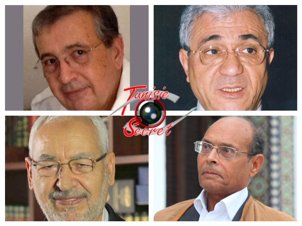 De gauche à droite, Kamel Hadj Sassi, Tijani Haddad. En bas, Rached Ghannouchi et Moncef Marzouki.