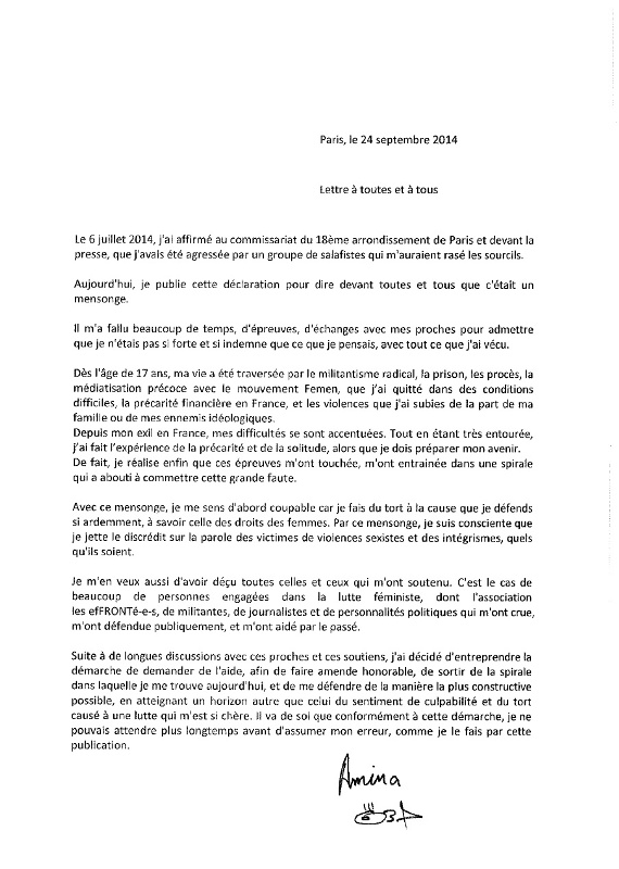 Original de la lettre d'Amina Sboui au quotidien Libération.