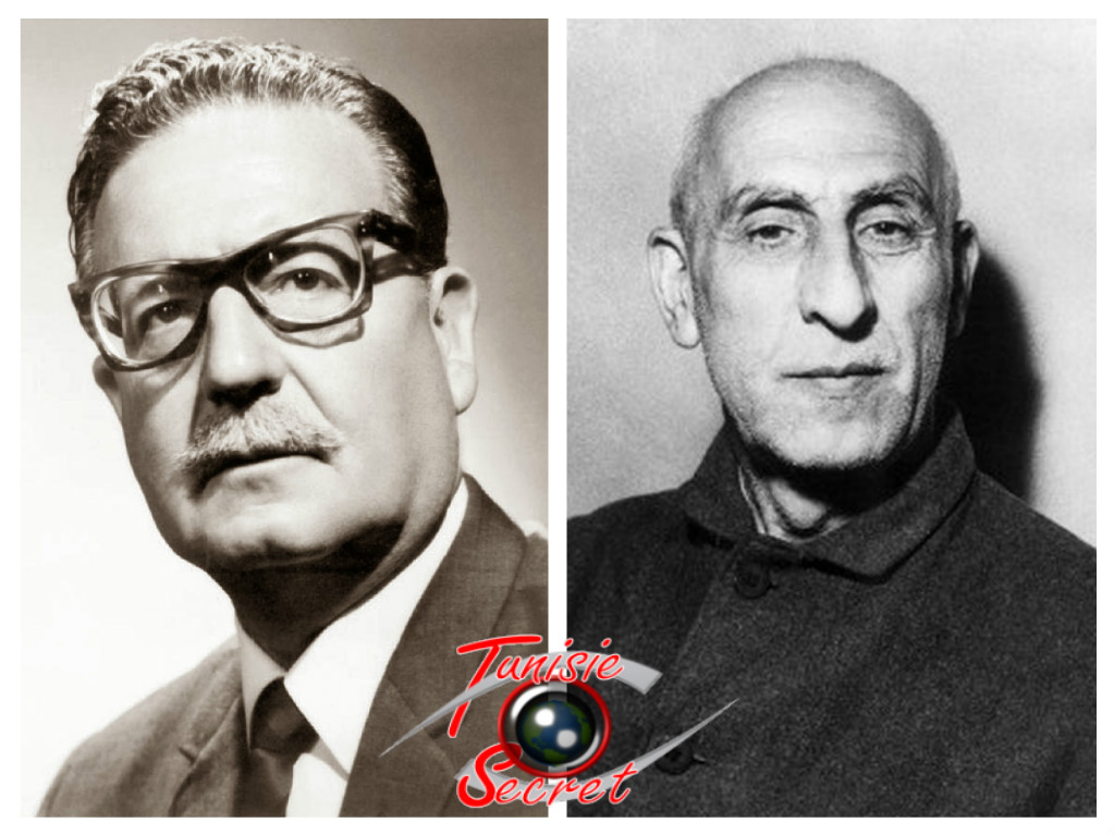 A gauche, le Président chilien Salvador Allende tué le 11 septembre 1973 à la suite du coup d'Etat américain. A droite, le Premier-Ministre iranien Mohammed Mossadegh, destitué en 1953 à la suite de l'opération anglo-américaine "Ajax".